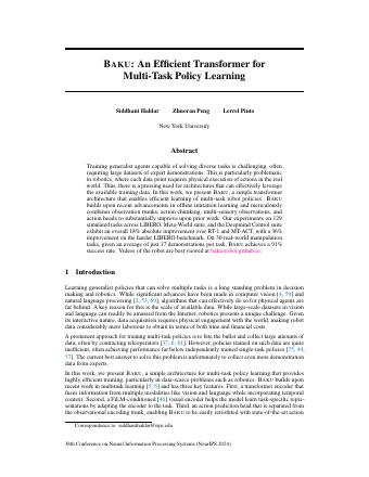 First page of BAKU: An Efficient Transformer for Multi-Task Policy Learning
