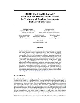 First page of BEDD: The MineRL BASALT Evaluation and Demonstrations Dataset for Training and Benchmarking Agents that Solve Fuzzy Tasks