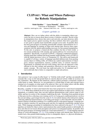 First page of CLIPort: What and Where Pathways for Robotic Manipulation