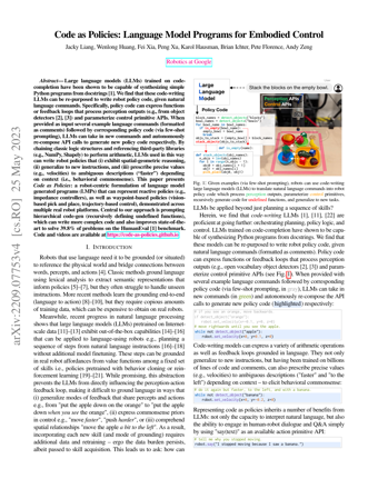 First page of Code as Policies: Language Model Programs for Embodied Control