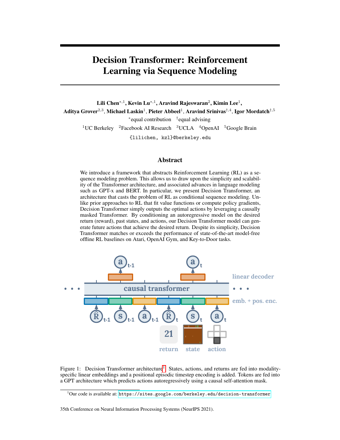 First page of Decision Transformer: Reinforcement Learning via Sequence Modeling