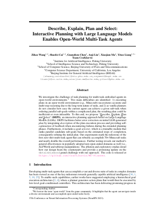 First page of Describe, Explain, Plan and Select: Interactive Planning with LLMs Enables Open-World Multi-Task Agents