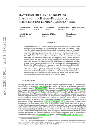 First page of Mastering the Game of No-Press Diplomacy via Human-Regularized Reinforcement Learning and Planning