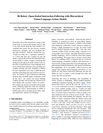 First page of Hi Robot: Open-Ended Instruction Following with Hierarchical Vision-Language-Action Models