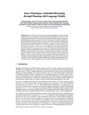 First page of Inner Monologue: Embodied Reasoning through Planning with Language Models