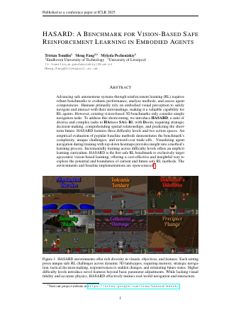 First page of HASARD: A Benchmark for Vision-Based Safe Reinforcement Learning in Embodied Agents