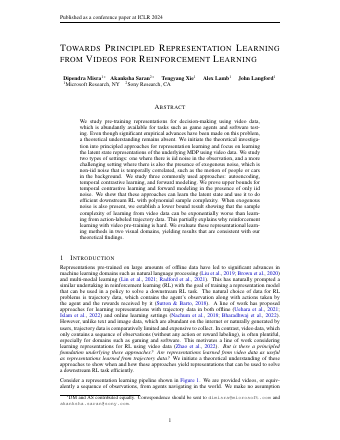 First page of Towards Principled Representation Learning from Videos for Reinforcement Learning