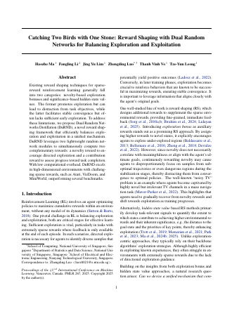 First page of Catching Two Birds with One Stone: Reward Shaping with Dual Random Networks for Balancing Exploration and Exploitation