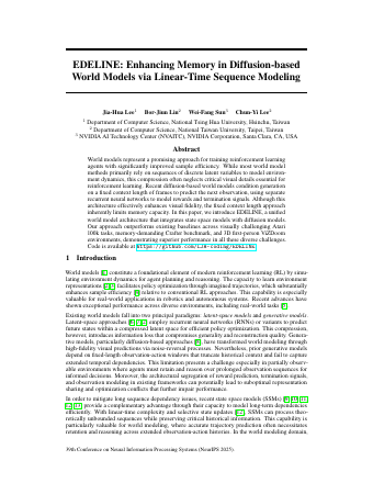 First page of EDELINE: Enhancing Memory in Diffusion-based World Models via Linear-Time Sequence Modeling