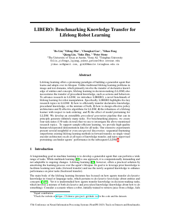 First page of LIBERO: Benchmarking Knowledge Transfer for Lifelong Robot Learning