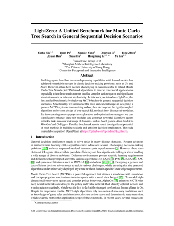 First page of LightZero: A Unified Benchmark for Monte Carlo Tree Search in General Sequential Decision Scenarios