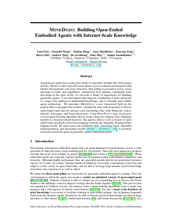 First page of MineDojo: Building Open-Ended Embodied Agents with Internet-Scale Knowledge