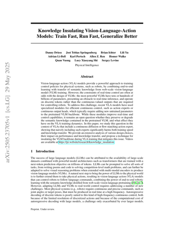 First page of Knowledge Insulating Vision-Language-Action Models: Train Fast, Run Fast, Generalize Better