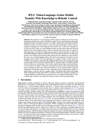 First page of RT-2: Vision-Language-Action Models Transfer Web Knowledge to Robotic Control