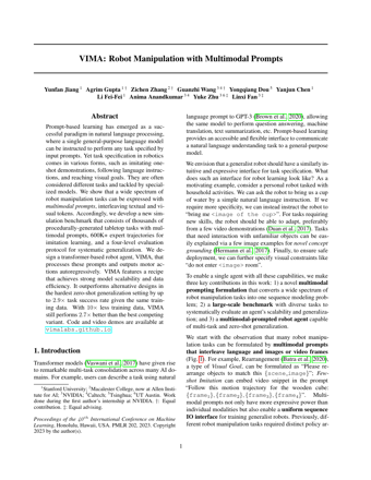 First page of VIMA: General Robot Manipulation with Multimodal Prompts