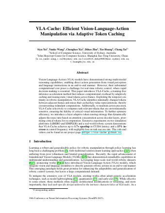 First page of VLA-Cache: Efficient Vision-Language-Action Manipulation via Adaptive Token Caching