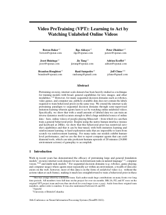 First page of Video PreTraining (VPT): Learning to Act by Watching Unlabeled Online Videos